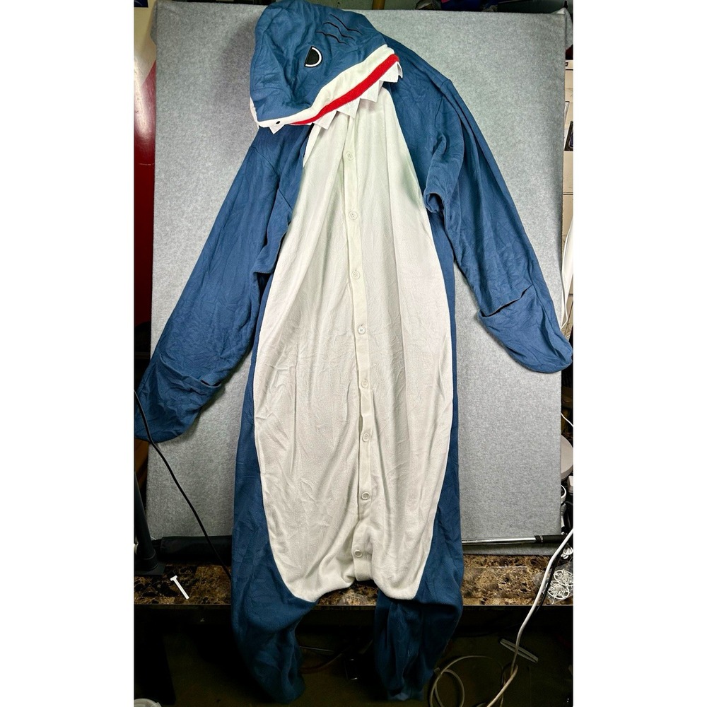 SAZAC Shark Costume Adult XL Blue/White/Red Fleece Complete Outfit One Piece